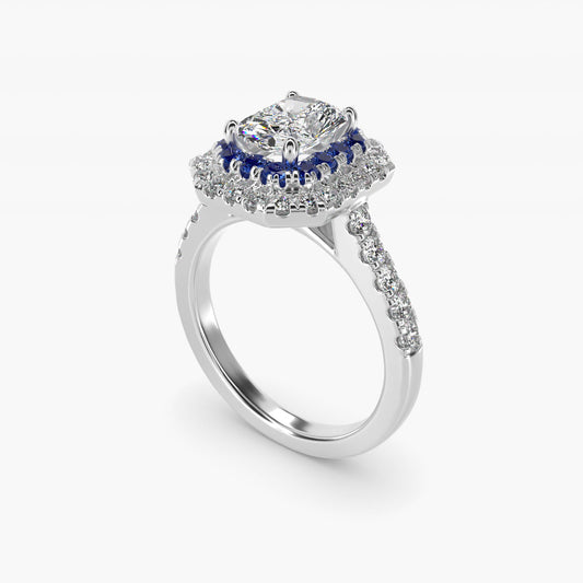 Sapphire and Diamond Double Halo Engagement Ring in Platinum (1/2 ct. tw.) - Radiant Center