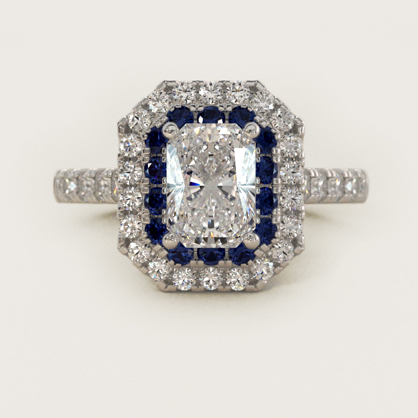 Sapphire and Diamond Double Halo Engagement Ring in Platinum (1/2 ct. tw.) - Radiant Center