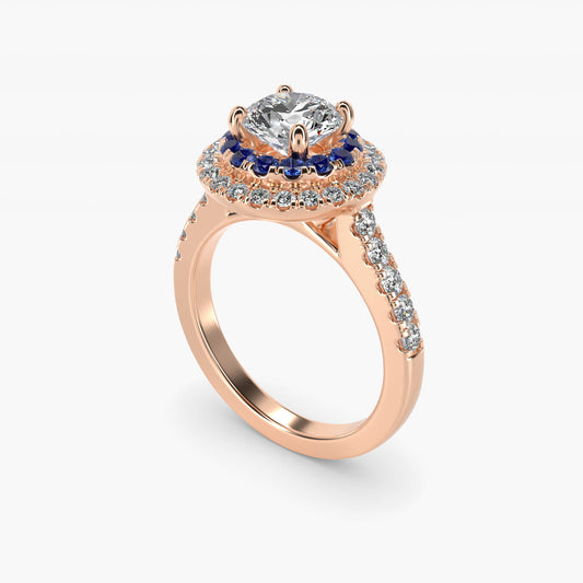 Sapphire and Diamond Double Halo Engagement Ring in 18k Rose Gold (1/2 ct. tw.) - Round Center