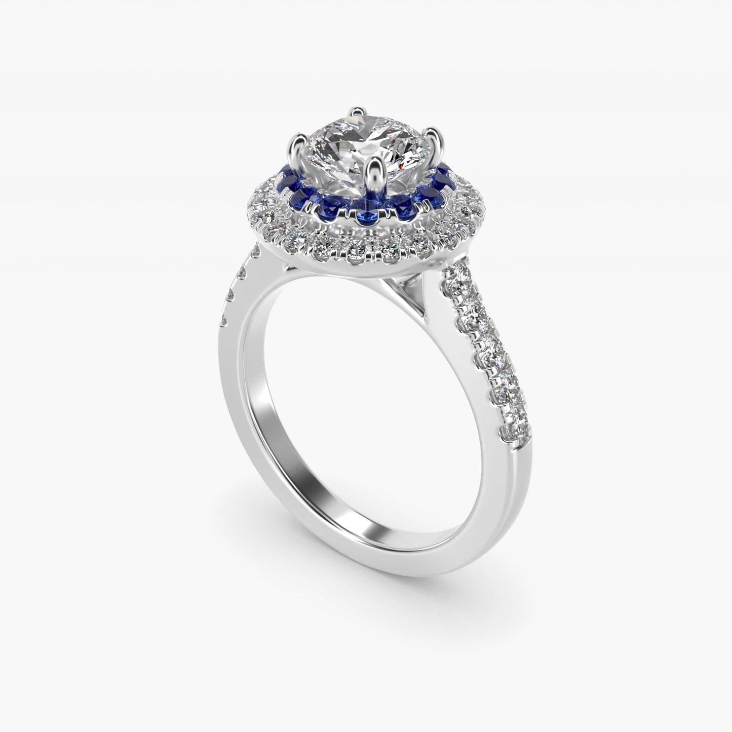 Sapphire and Diamond Double Halo Engagement Ring in 14k White Gold (1/2 ct. tw.) - Round Center