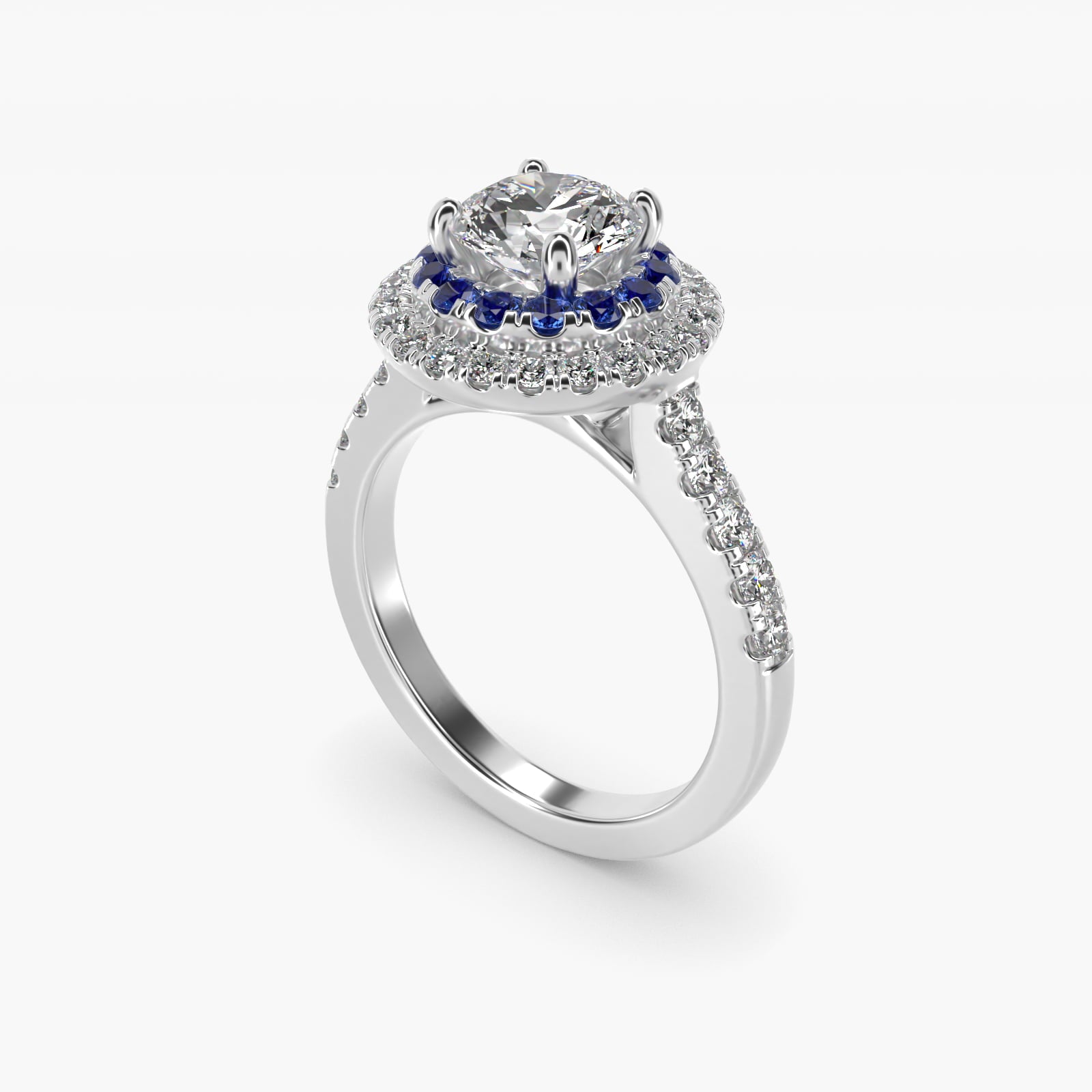 Sapphire and Diamond Double Halo Engagement Ring in 14k White Gold (1/2 ct. tw.) - Round Center