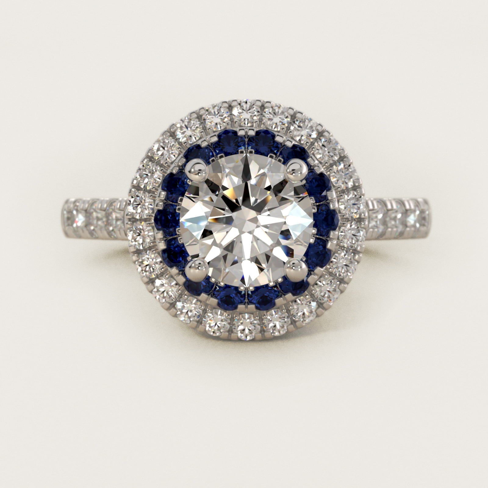 Sapphire and Diamond Double Halo Engagement Ring in 14k White Gold (1/2 ct. tw.) - Round Center
