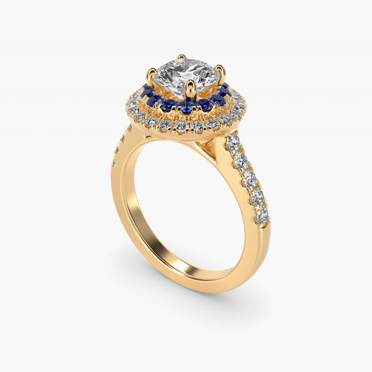 Sapphire and Diamond Double Halo Engagement Ring in 18k Yellow Gold (1/2 ct. tw.) - Round Center