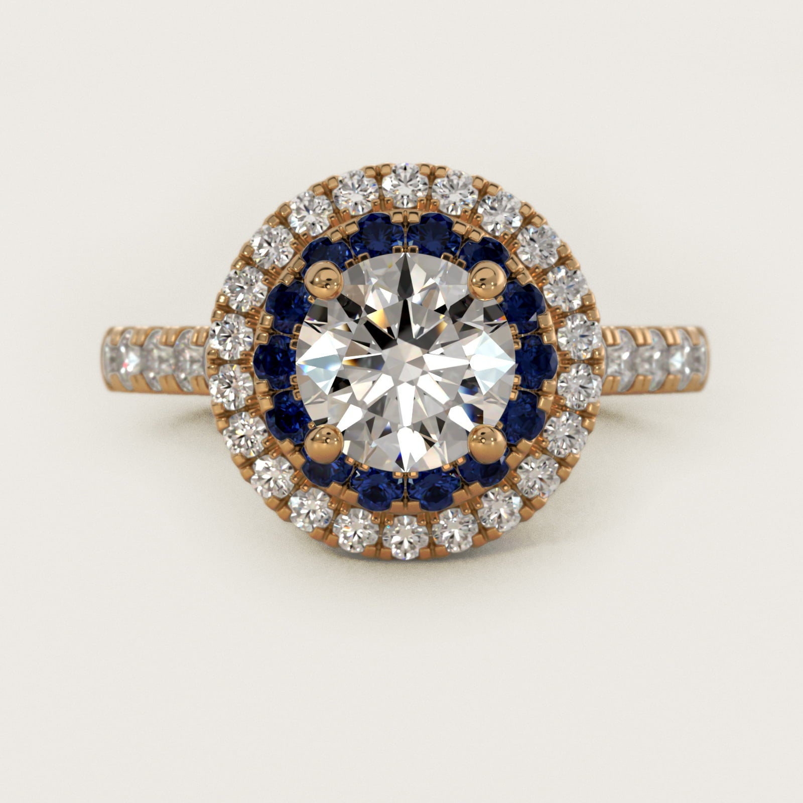 Sapphire and Diamond Double Halo Engagement Ring in 14K Yellow Gold (1/2 ct. tw.) - Round Center