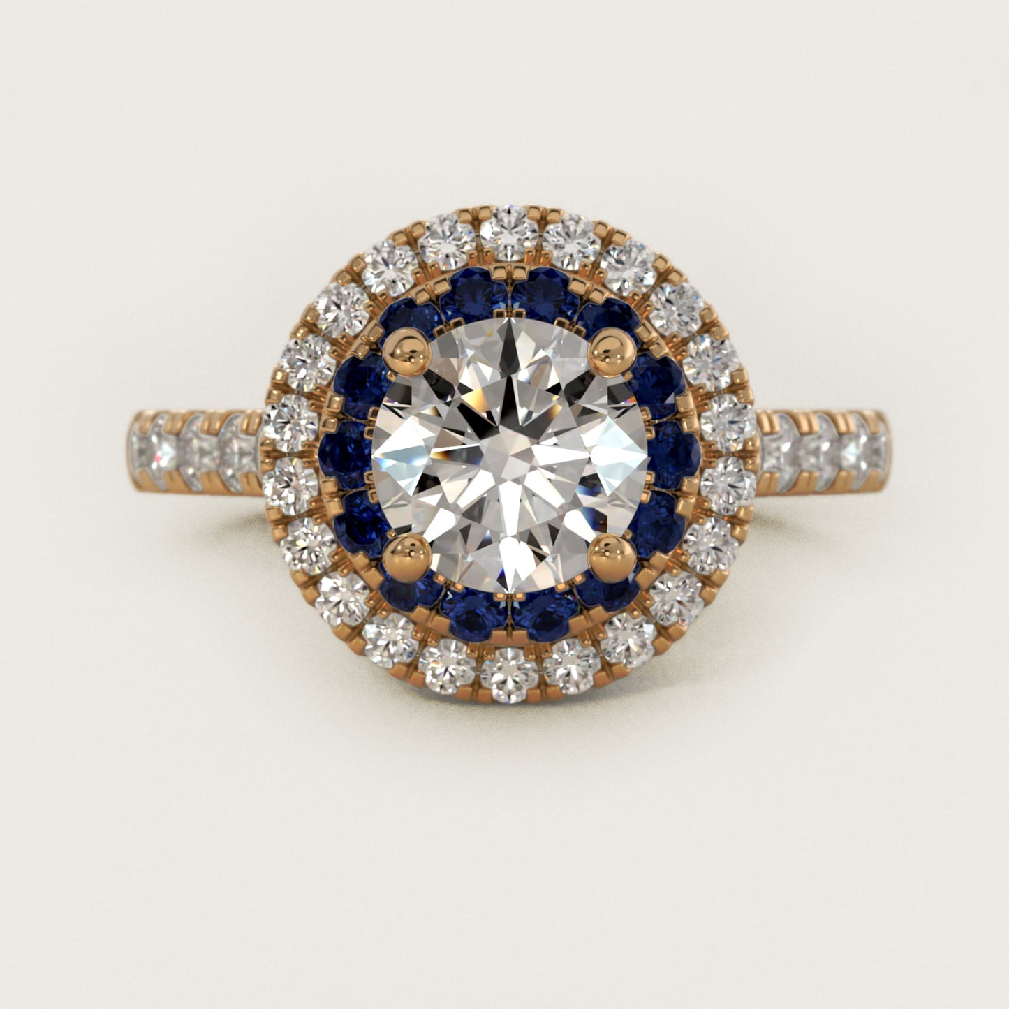 Sapphire and Diamond Double Halo Engagement Ring in 18k Yellow Gold (1/2 ct. tw.) - Round Center