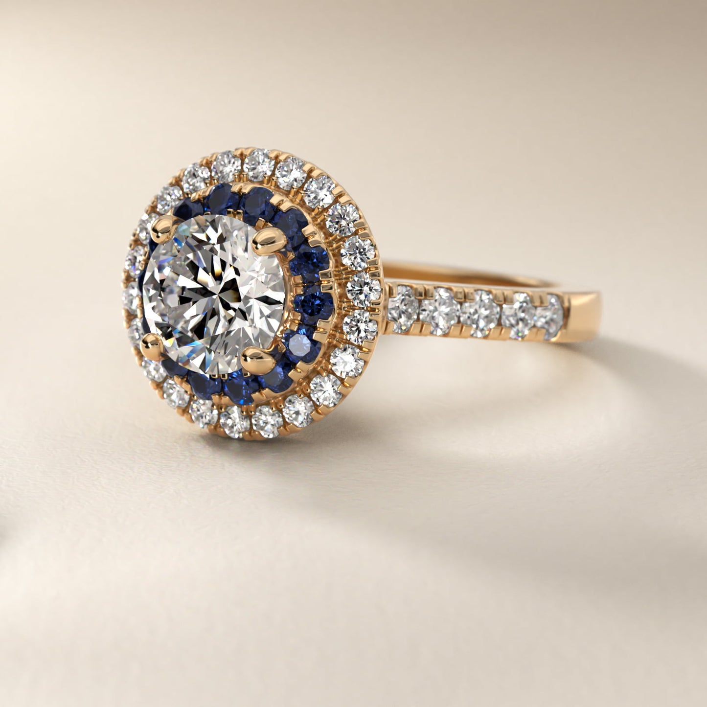 Sapphire and Diamond Double Halo Engagement Ring in 18k Yellow Gold (1/2 ct. tw.) - Round Center