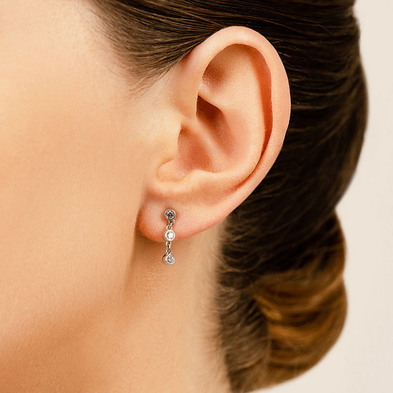1.50 ctw. Bezel Set Diamond Drop Earrings Three Stone Style - 14K White Gold - G-H Color SI1-SI2 Clarity
