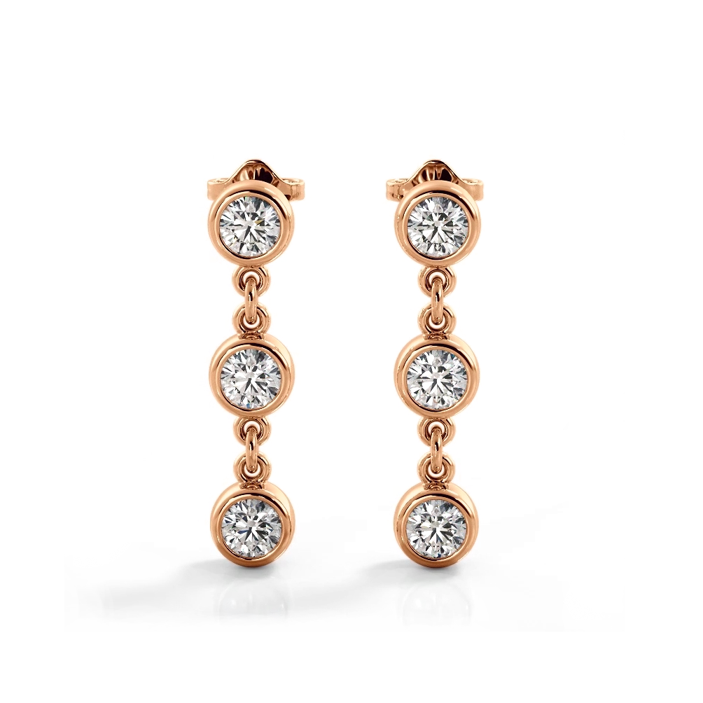 1.50 ctw. Bezel Set Diamond Drop Earrings Three Stone Style - 14K Rose Gold - E-F Color VS1-VS2 Clarity
