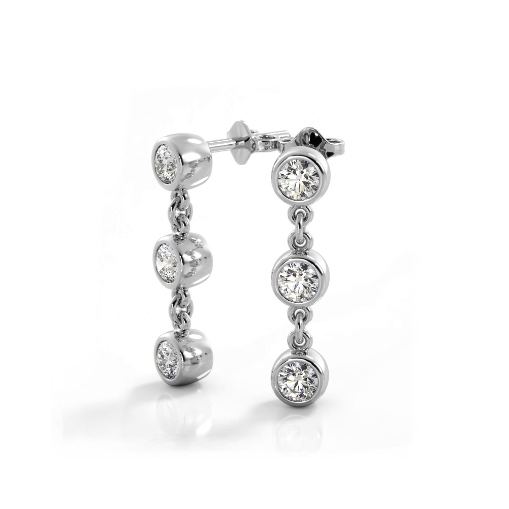 1.50 ctw. Bezel Set Diamond Drop Earrings Three Stone Style - 14K White Gold - H-I Color I1-I2 Clarity