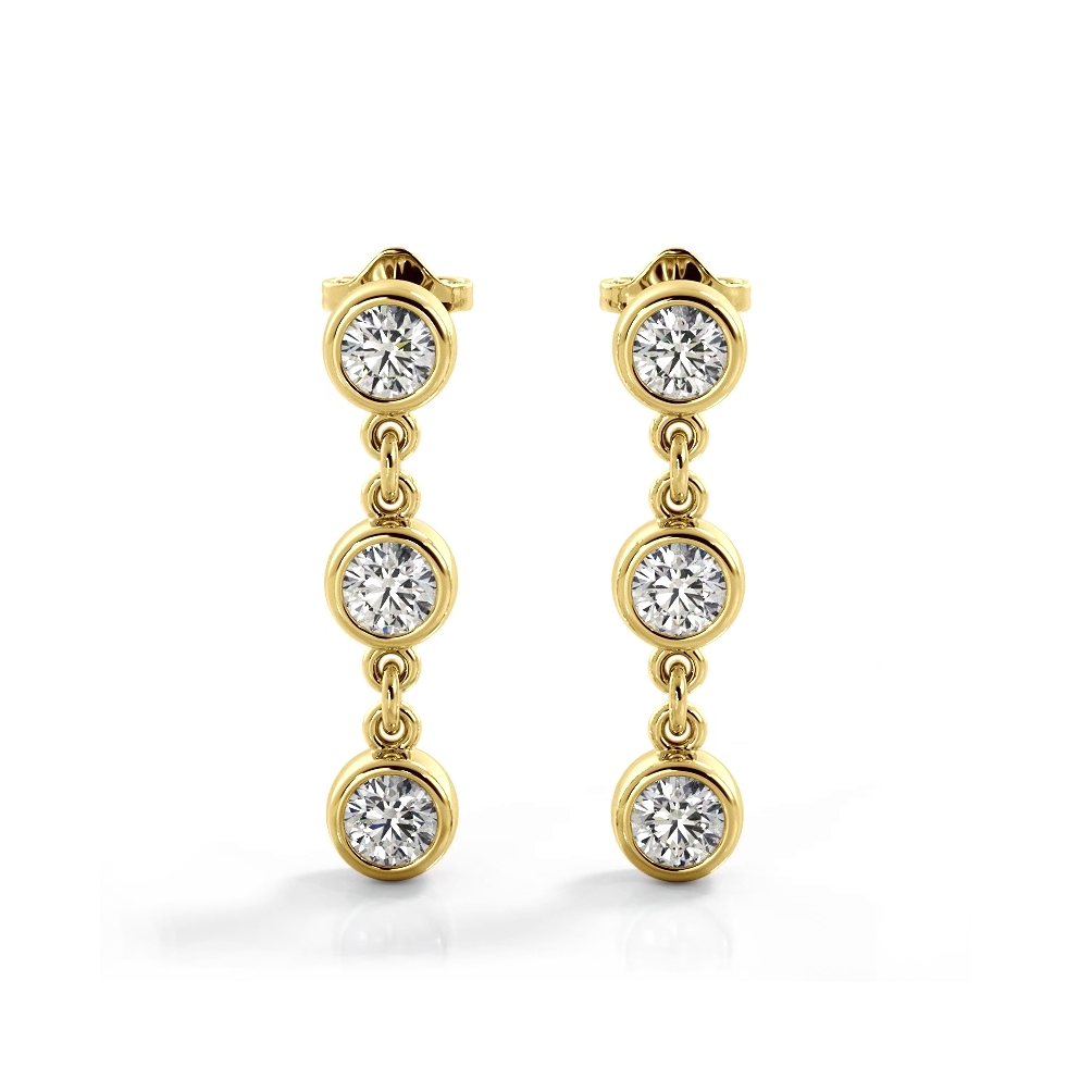 1.50 ctw. Bezel Set Diamond Drop Earrings Three Stone Style - 14K Yellow Gold - H-I Color I1-I2 Clarity