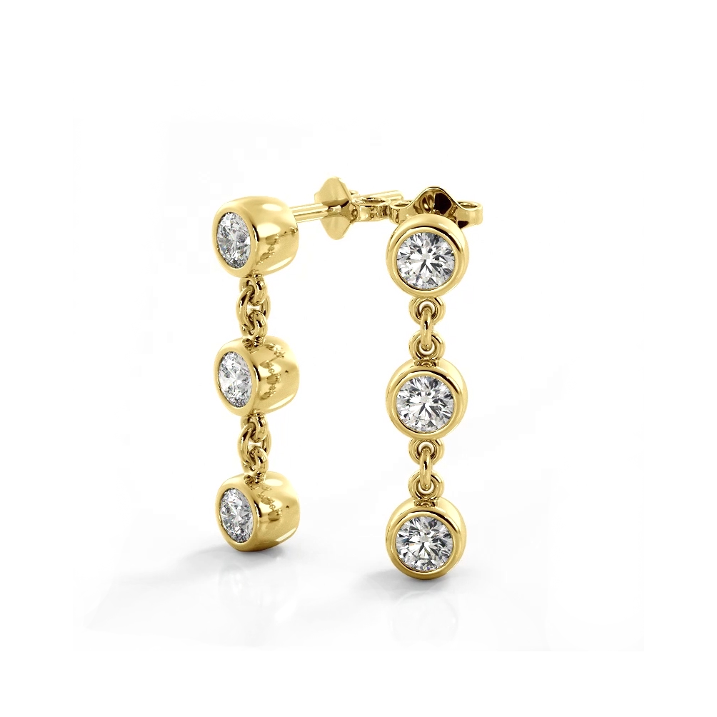 1.50 ctw. Bezel Set Diamond Drop Earrings Three Stone Style - 14K Yellow Gold - G-H Color SI1-SI2 Clarity