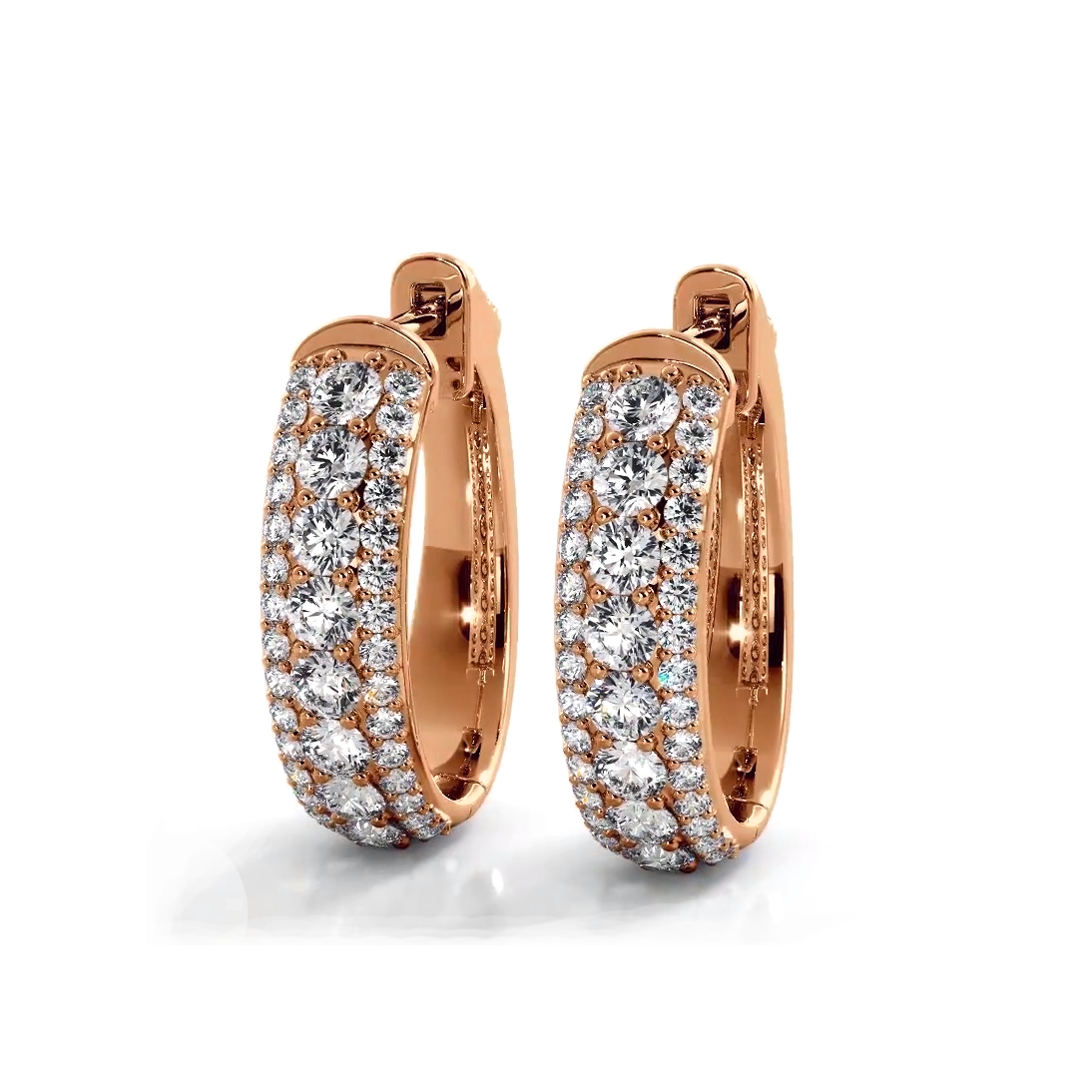 Three Row 1.50 ctw. Glamorous Diamond Hoop Earrings Pave Dome Style - 14K Rose Gold - E-F Color VS1-VS2 Clarity