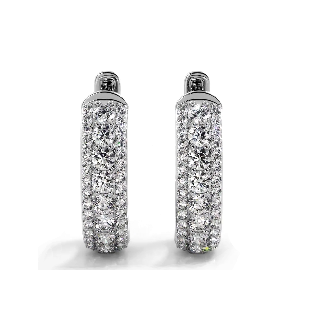 Three Row 1.50 ctw. Glamorous Diamond Hoop Earrings Pave Dome Style - 14K White Gold - H-I Color I1-I2 Clarity