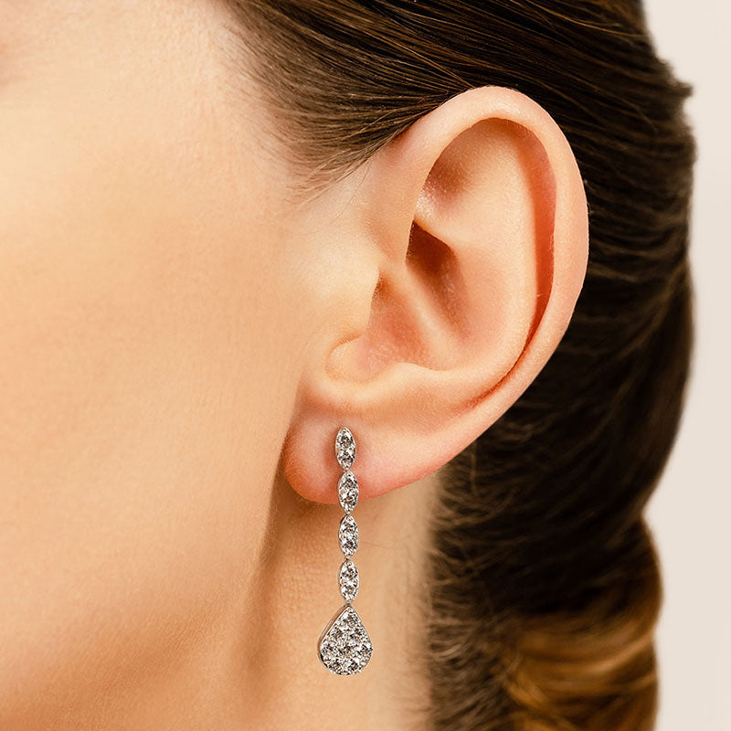 2.0 ctw. Round Diamond Sparkling Pear Drop Cluster Earrings - 14K White Gold - G-H Color SI1-SI2 Clarity