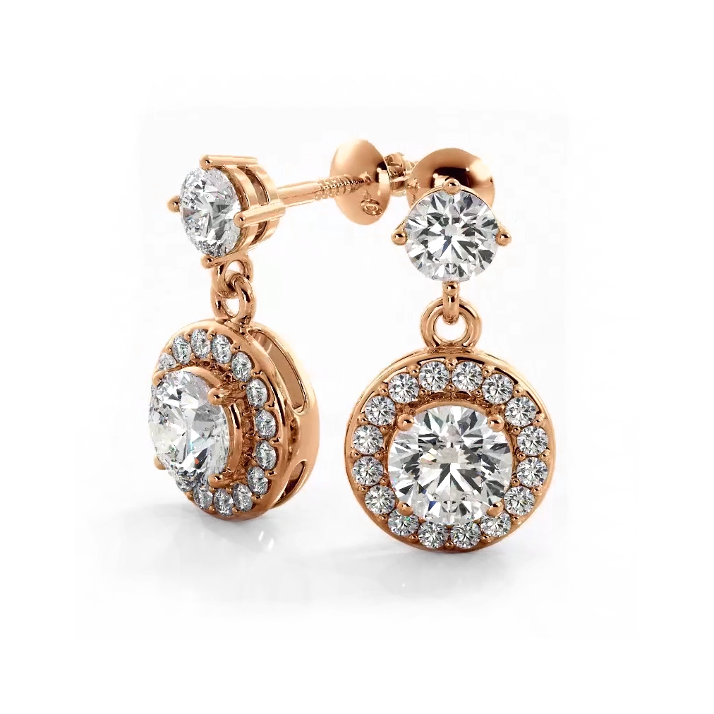 1.0 ctw. Round Diamond Heavenly Halo Drop Earrings - 14K Rose Gold - E-F Color VS1-VS2 Clarity