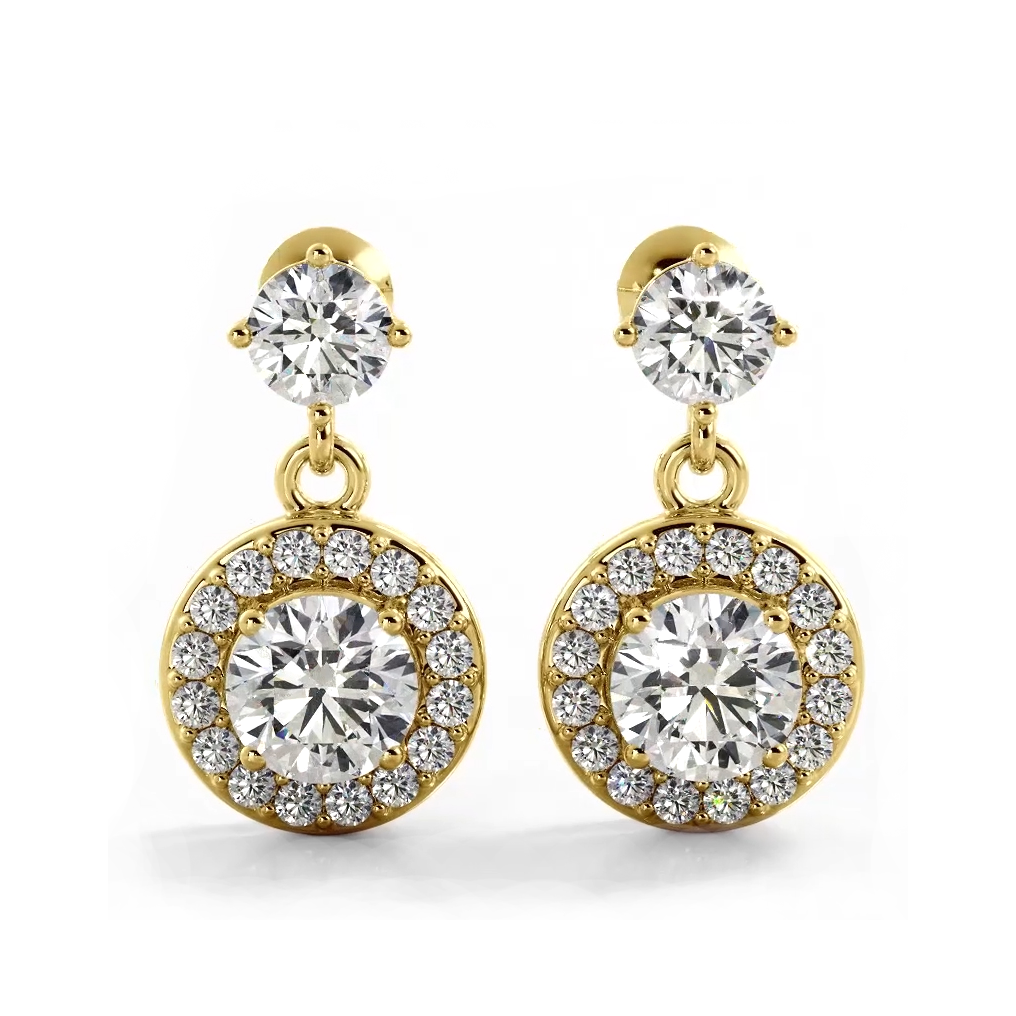 1.0 ctw. Round Diamond Heavenly Halo Drop Earrings - 14K Yellow Gold - E-F Color VS1-VS2 Clarity