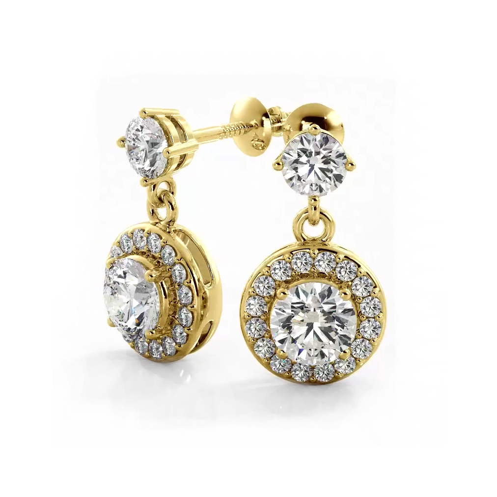 1.0 ctw. Round Diamond Heavenly Halo Drop Earrings - 14K Yellow Gold - H-I Color I1-I2 Clarity