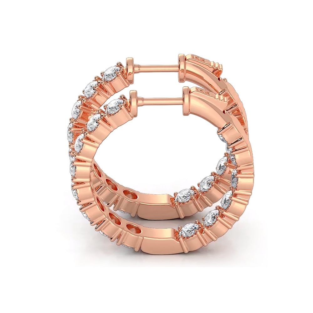 1.50 ctw. Round Diamond Hoop Earrings Crown Style Setting - 14K Rose Gold - H-I Color I1-I2 Clarity