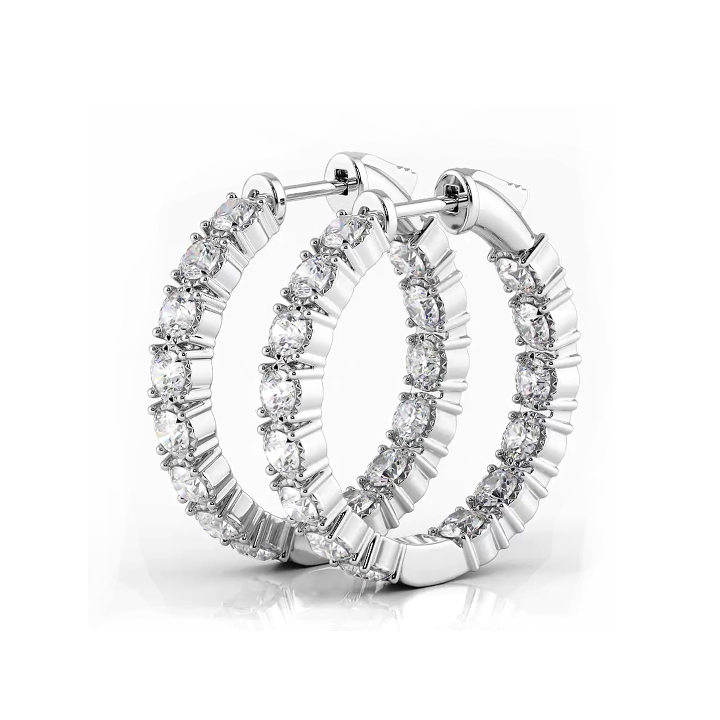1.50 ctw. Round Diamond Hoop Earrings Crown Style Setting - 14K White Gold - H-I Color I1-I2 Clarity