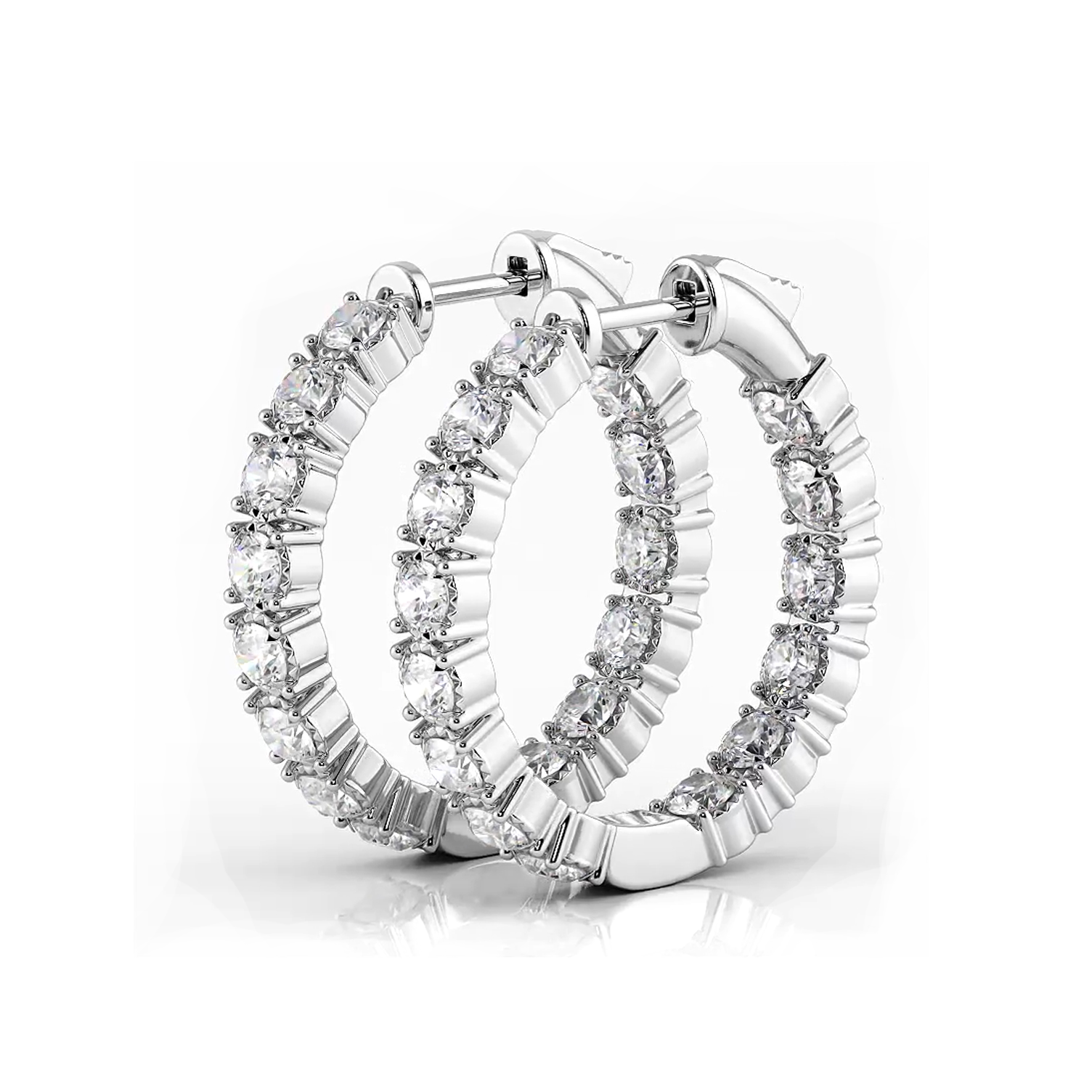 1.50 ctw. Round Diamond Hoop Earrings Crown Style Setting - 14K White Gold - H-I Color I1-I2 Clarity