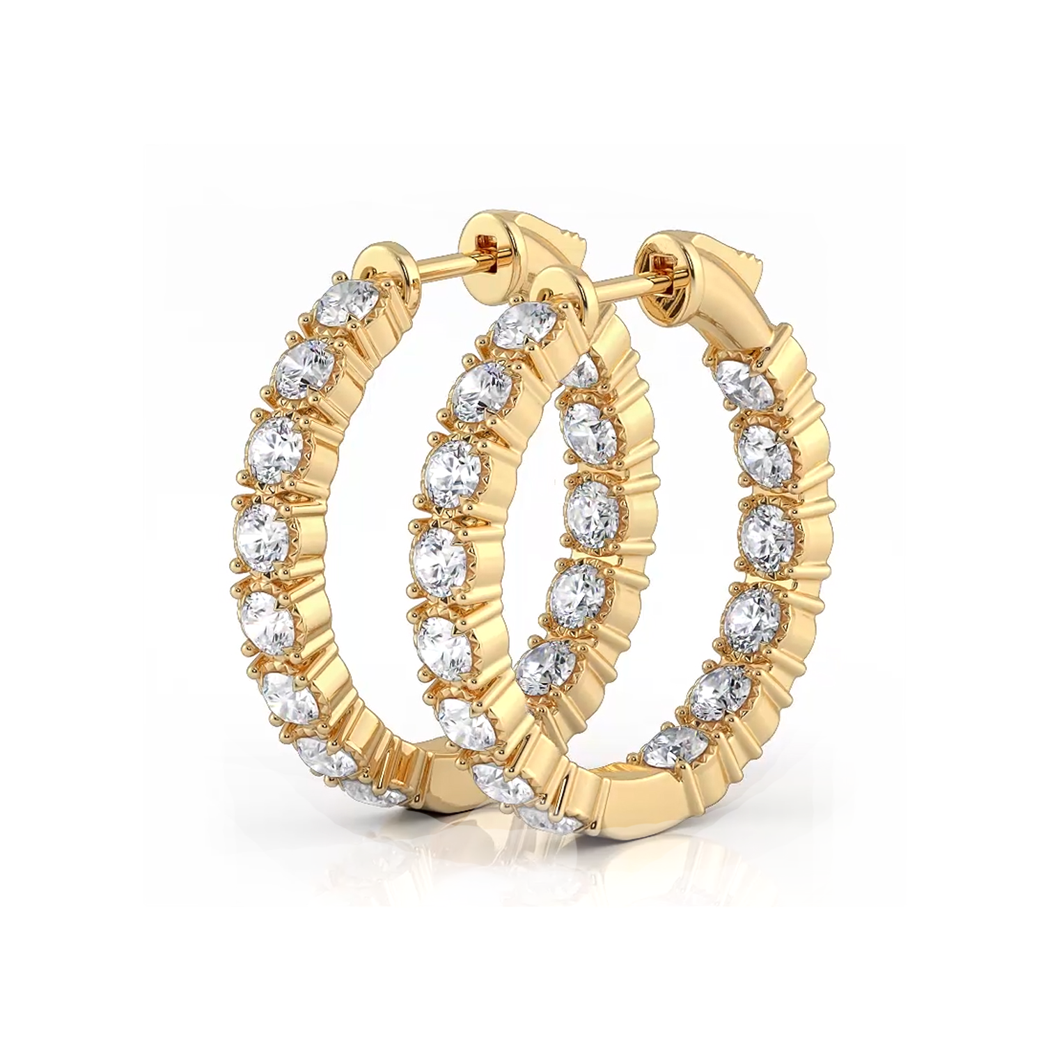 1.50 ctw. Round Diamond Hoop Earrings Crown Style Setting - 14K Yellow Gold - H-I Color I1-I2 Clarity