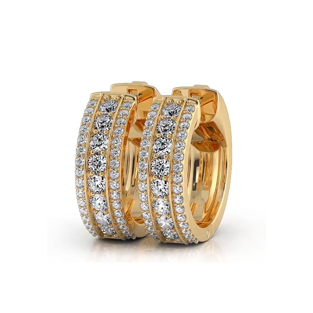 Three Row  1.0 ctw. Diamond Hoop Earrings Huggie Style - 14K Yellow Gold - E-F Color VS1-VS2 Clarity