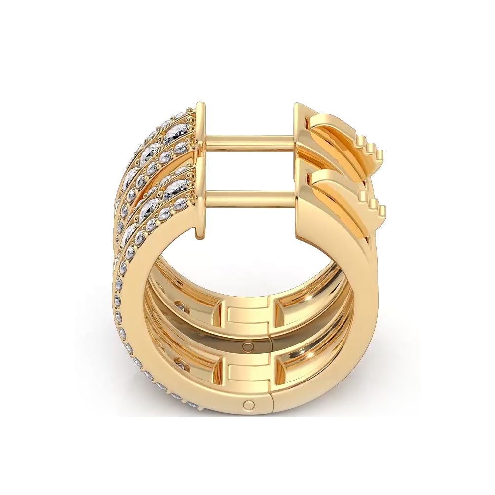Three Row  1.0 ctw. Diamond Hoop Earrings Huggie Style - 14K Yellow Gold - H-I Color I1-I2 Clarity