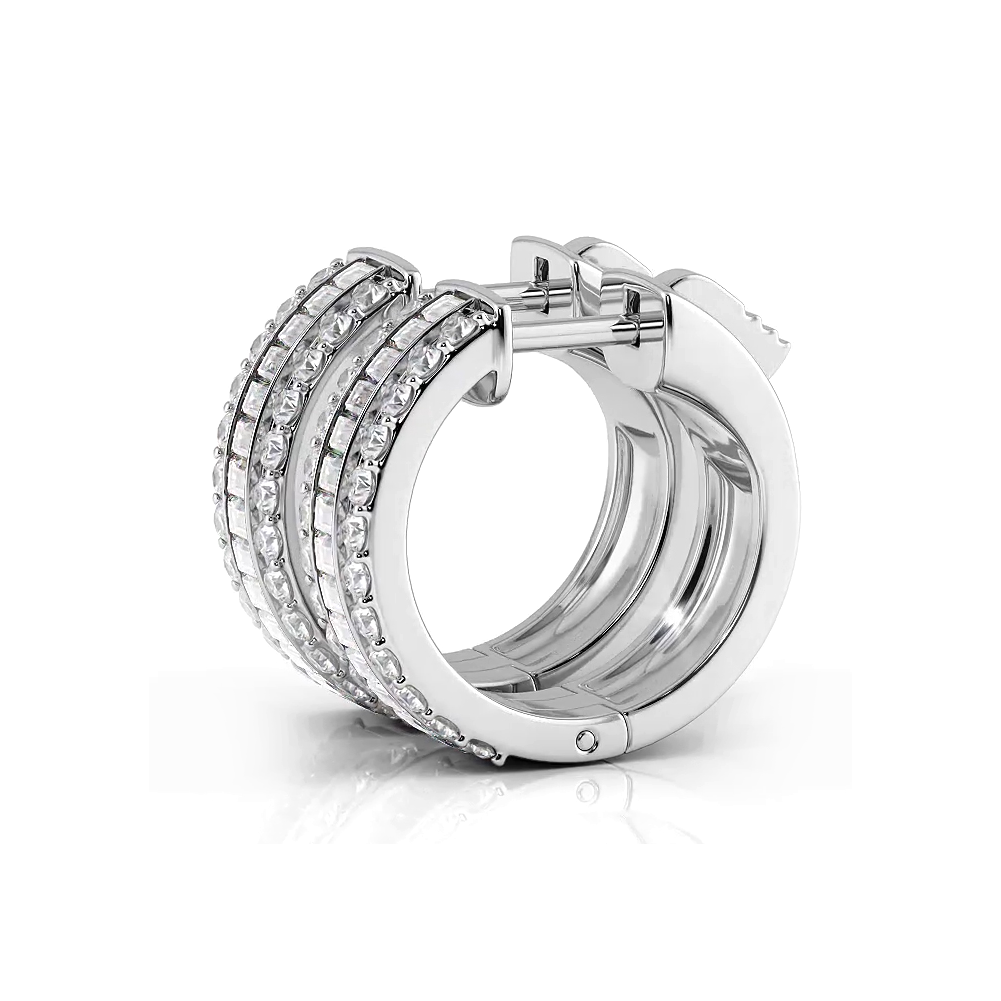 Three Row Round and Baguette Diamond Hoop Earrings Huggie Style - 14K White Gold - G-H Color SI1-SI2 Clarity