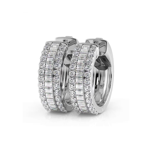 Three Row Round and Baguette Diamond Hoop Earrings Huggie Style