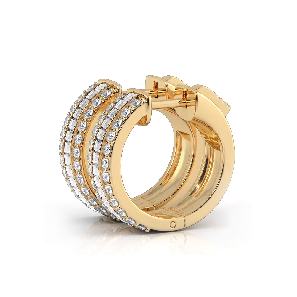 Three Row Round and Baguette Diamond Hoop Earrings Huggie Style - 14K Yellow Gold - F-G Color VS1-VS2 Clarity