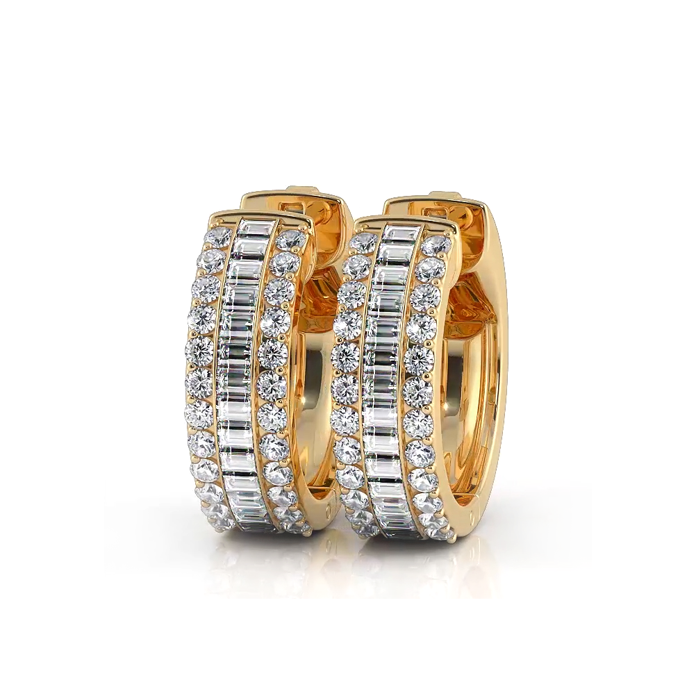 Three Row Round and Baguette Diamond Hoop Earrings Huggie Style - 14K Yellow Gold - G-H Color SI1-SI2 Clarity