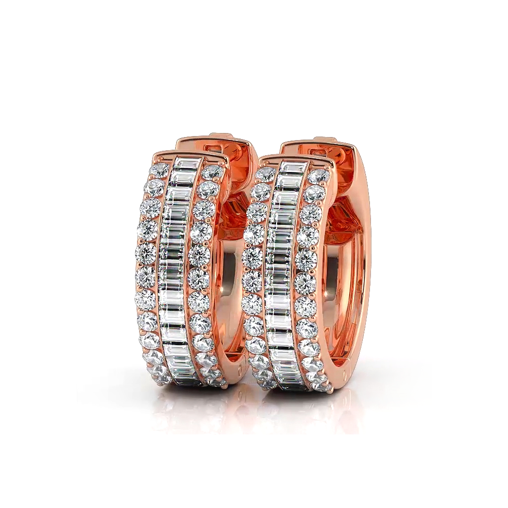Three Row Round and Baguette Diamond Hoop Earrings Huggie Style - 14K Rose Gold - G-H Color SI1-SI2 Clarity