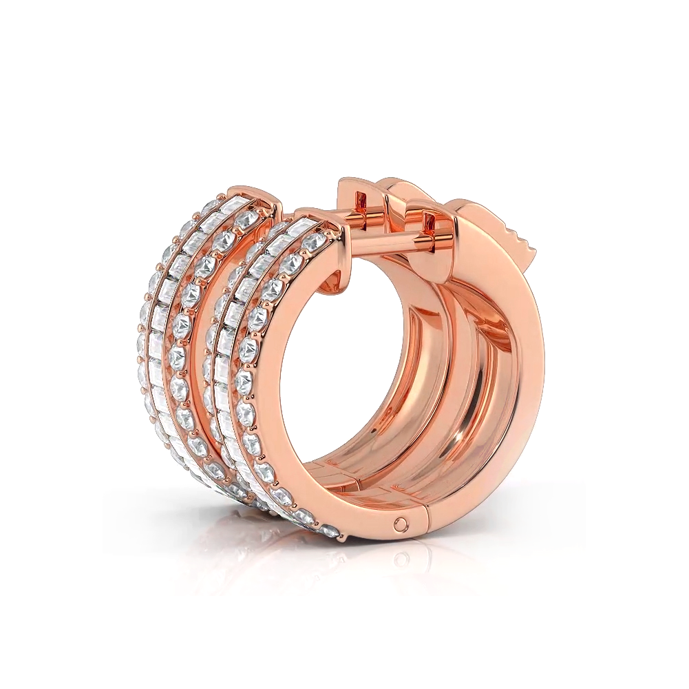Three Row Round and Baguette Diamond Hoop Earrings Huggie Style - 14K Rose Gold - F-G Color VS1-VS2 Clarity