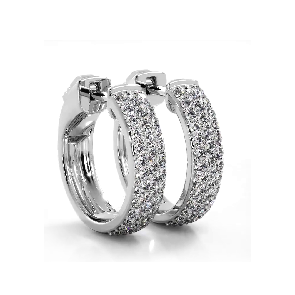 0.70 ctw. Three Row Huggie Diamond Hoop Earrings - 14K White Gold - H-I Color I1-I2 Clarity