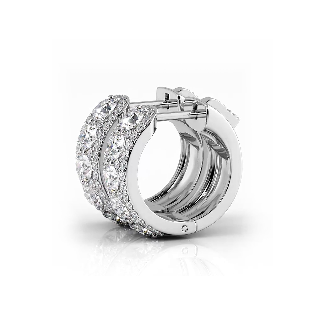 2.0 ctw. Three Rows Round Diamond Huggie Hoop Earrings - 14K White Gold - H-I Color I1-I2 Clarity