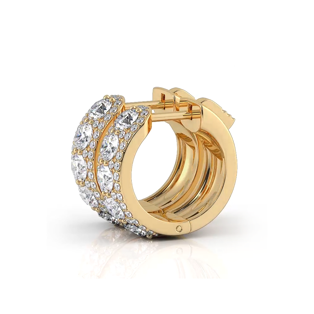 2.0 ctw. Three Rows Round Diamond Huggie Hoop Earrings - 14K Yellow Gold - H-I Color I1-I2 Clarity