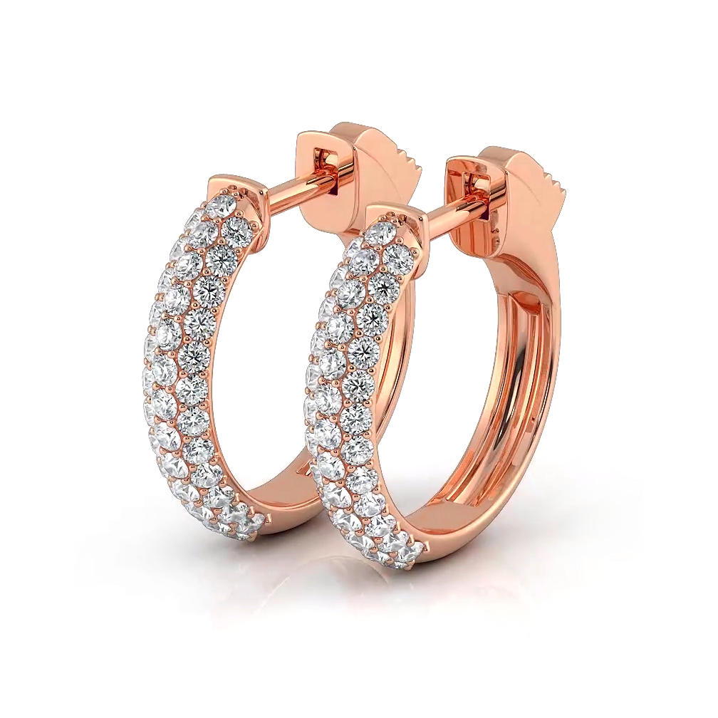 Triple Row 0.60 ctw. Round Diamond Hoop Earrings Pave Dome Style - 14K Yellow Gold - H-I Color I1-I2 Clarity