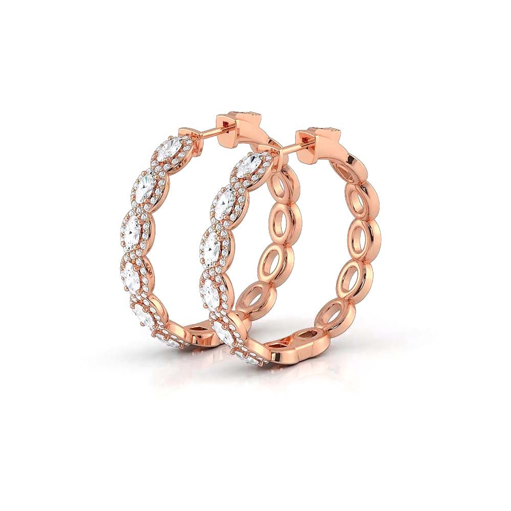5.0 ctw. Oval Diamond Hoop Earrings Halo Style With Round Diamonds - 14K Rose Gold - F-G Color VS1-VS2 Clarity