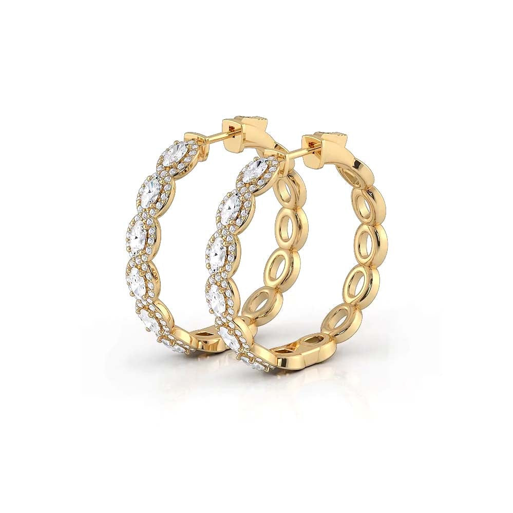5.0 ctw. Oval Diamond Hoop Earrings Halo Style With Round Diamonds - 14K Yellow Gold - F-G Color VS1-VS2 Clarity