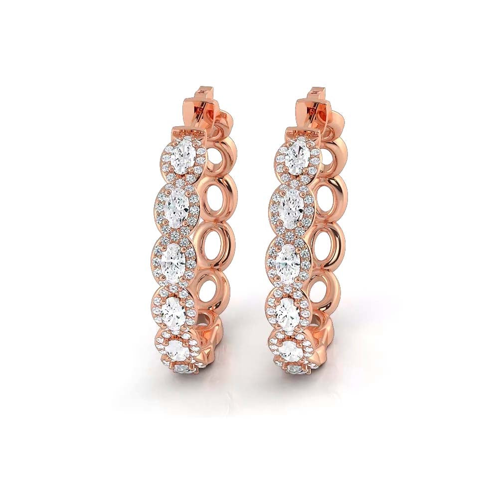 5.0 ctw. Oval Diamond Hoop Earrings Halo Style With Round Diamonds - 14K Rose Gold - G-H Color SI1-SI2 Clarity