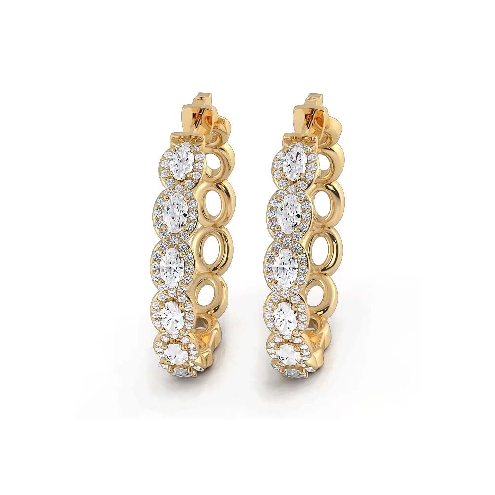 5.0 ctw. Oval Diamond Hoop Earrings Halo Style With Round Diamonds - 14K Yellow Gold - G-H Color SI1-SI2 Clarity