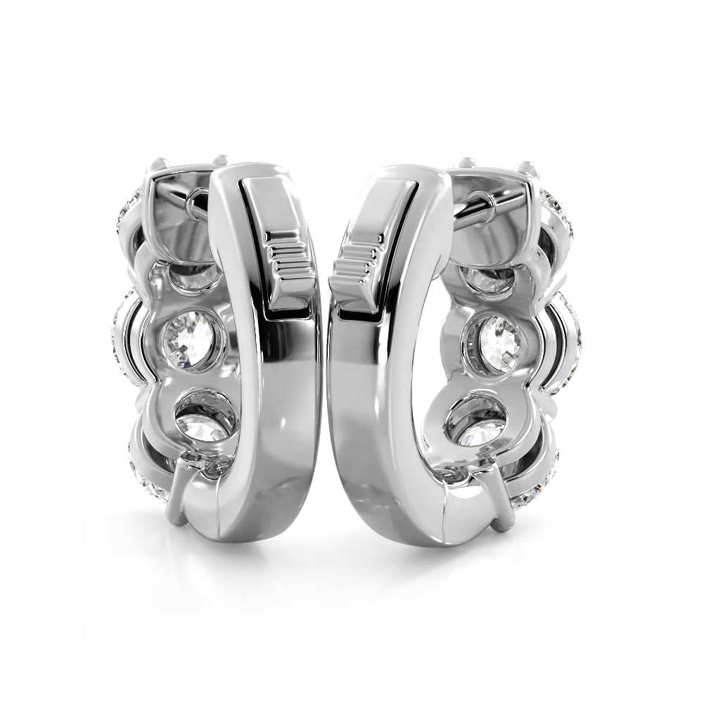 1.50 ctw. Three Stone Diamond Hoop Earrings Huggie Style - 14K White Gold - H-I Color I1-I2 Clarity