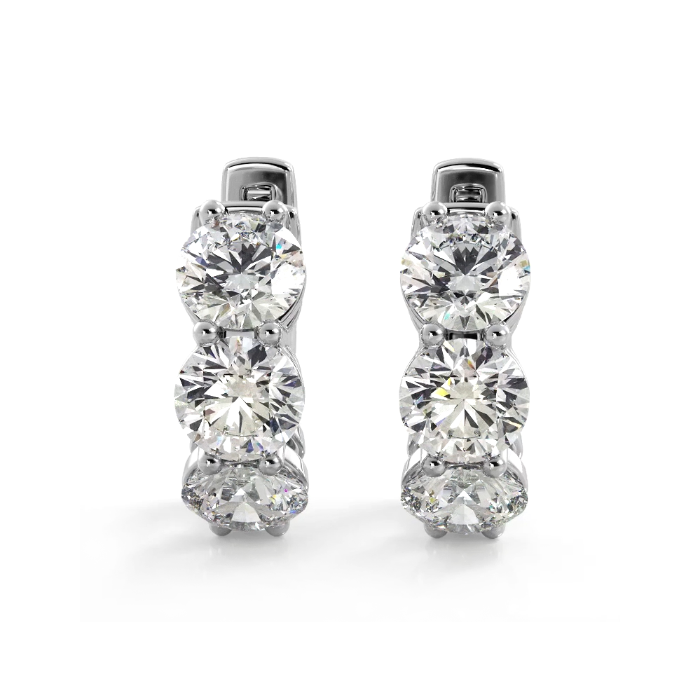 1.50 ctw. Three Stone Diamond Hoop Earrings Huggie Style - 14K White Gold - F-G Color VS1-VS2 Clarity