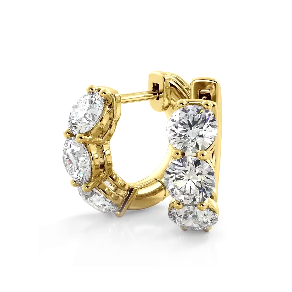 1.50 ctw. Three Stone Diamond Hoop Earrings Huggie Style - 14K Yellow Gold - H-I Color I1-I2 Clarity