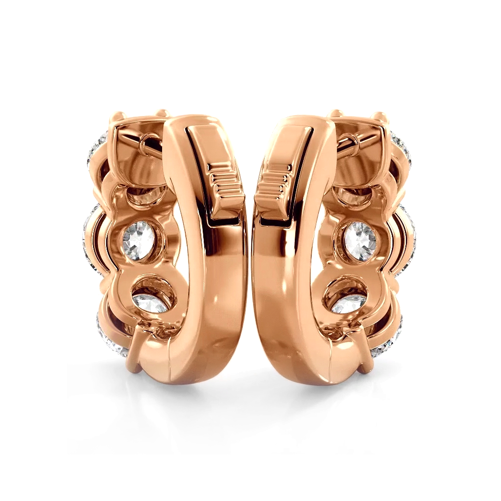 1.50 ctw. Three Stone Diamond Hoop Earrings Huggie Style - 14K Rose Gold - H-I Color I1-I2 Clarity