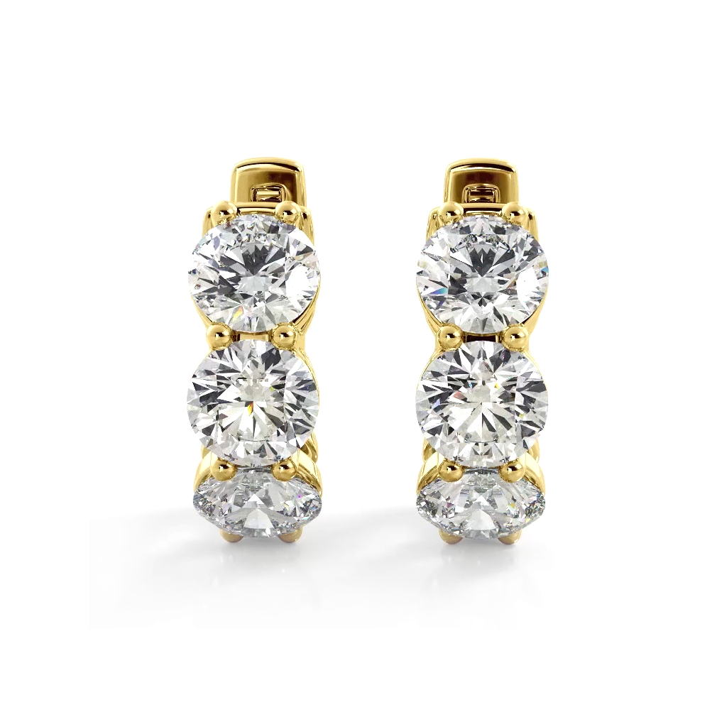 1.50 ctw. Three Stone Diamond Hoop Earrings Huggie Style - 14K Yellow Gold - E-F Color VS1-VS2 Clarity