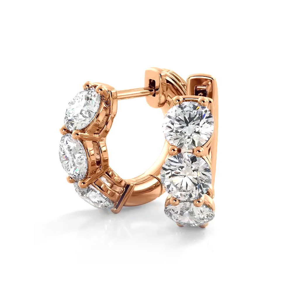 1.50 ctw. Three Stone Diamond Hoop Earrings Huggie Style - 14K Rose Gold - E-F Color VS1-VS2 Clarity