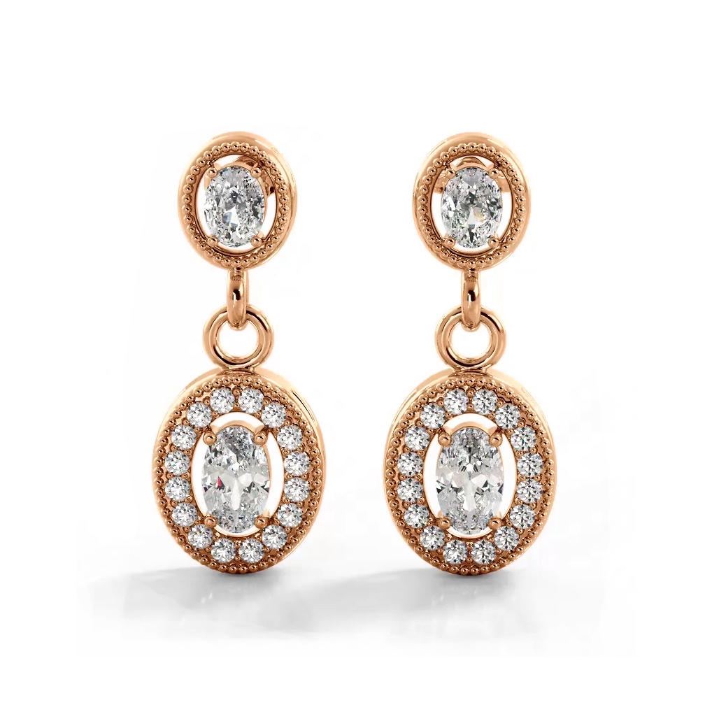 1.0 ctw. Vintage Inspired Oval and Round Diamond Drop Earrings - 14K Rose Gold - G-H Color SI1-SI2 Clarity