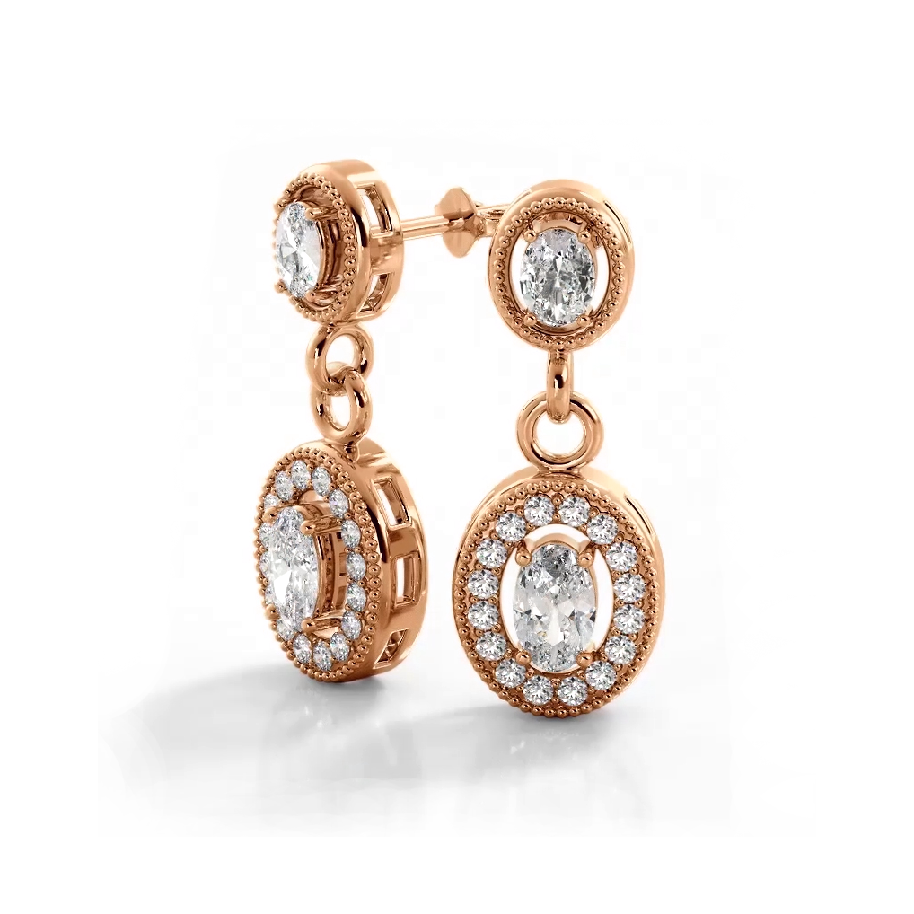 1.0 ctw. Vintage Inspired Oval and Round Diamond Drop Earrings - 14K Rose Gold - F-G Color VS1-VS2 Clarity