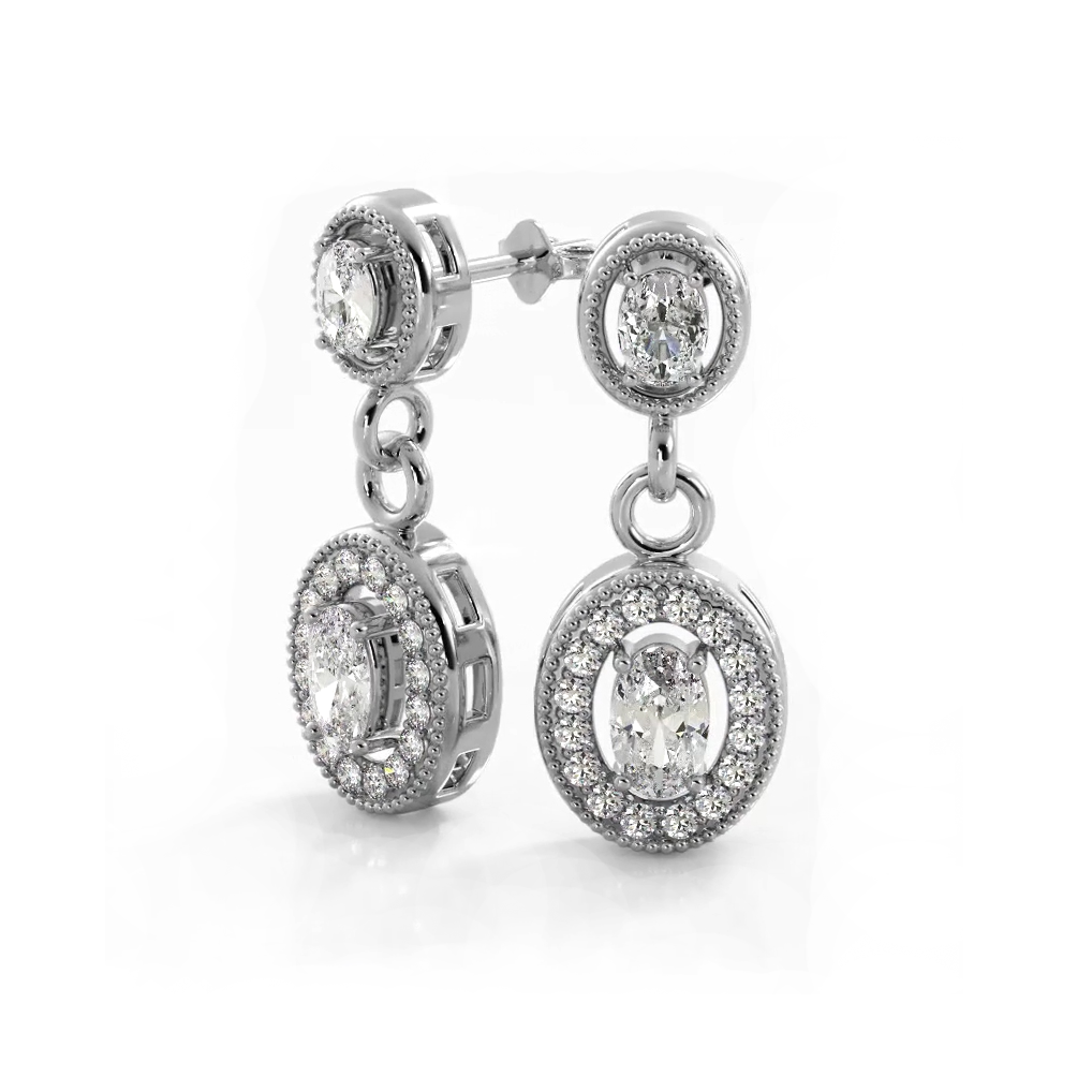 1.0 ctw. Vintage Inspired Oval and Round Diamond Drop Earrings - 14K White Gold - G-H Color SI1-SI2 Clarity